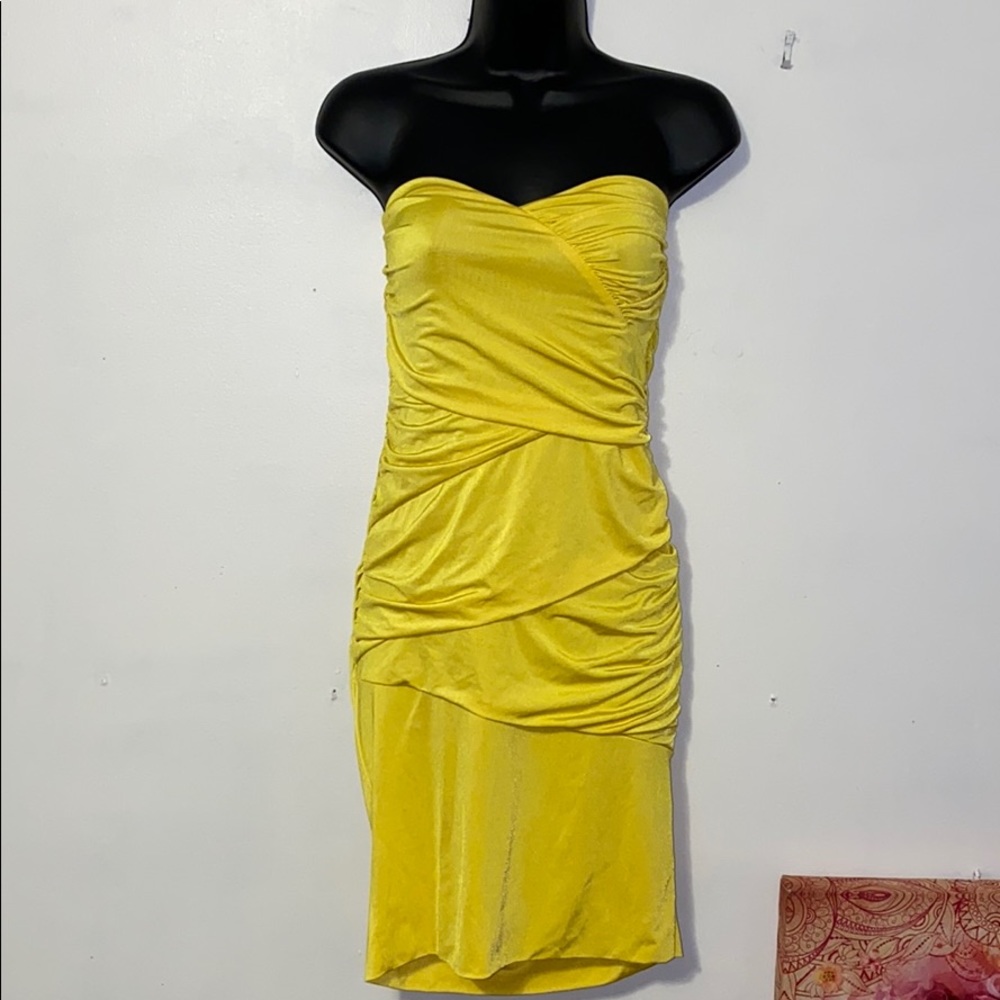 Yellow Strapless Bodycon Rouched Dress